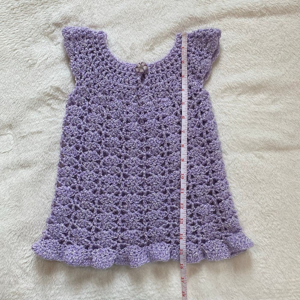 Girls Purple Knit Shirt Dress with Flower Button, Handmade - Picture 7 of 8